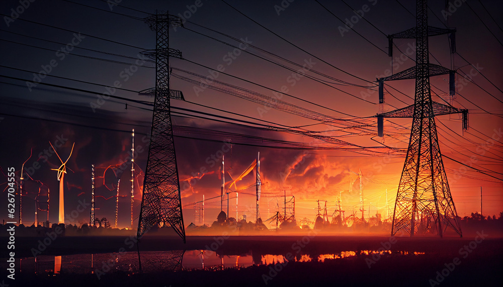 Industrial landscape with power lines, high voltage towers and wind ...