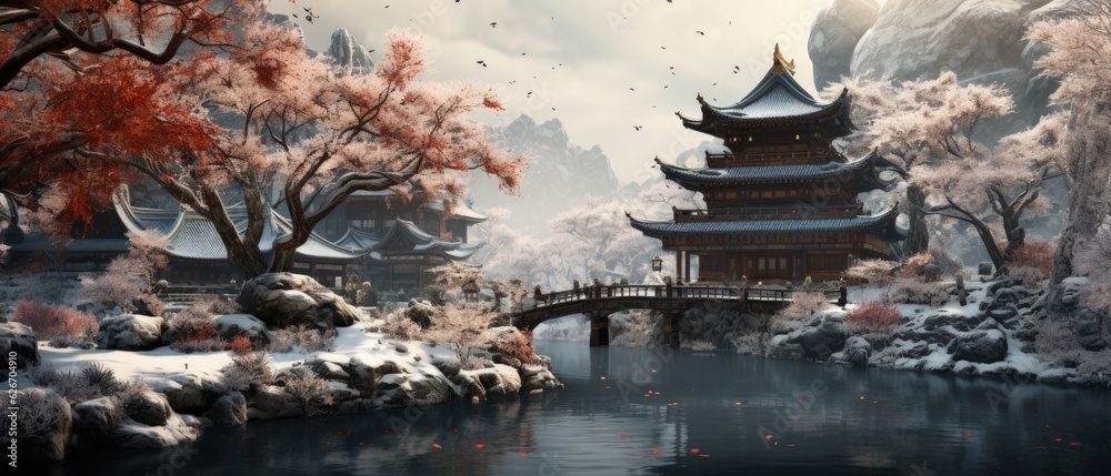 Majestic snowy scene of ancient Asian temples near calm lake, crimson autumn trees, and snowy cliffs.

