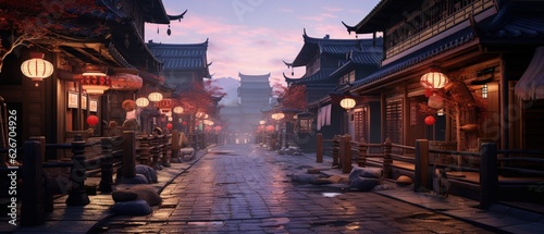 Atmospheric ancient Asian street at dusk, vibrant lanterns illuminate traditional architecture, tranquil historic town.