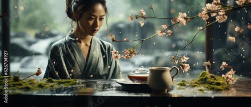 Elegant Asian woman in traditional robe by window, serene tea ceremony scene with cherry blossoms and vintage mood.