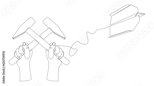 One continuous line of Paper Airplane with Hammer. Thin Line Construction Illustration vector concept. Contour Drawing Creative ideas.