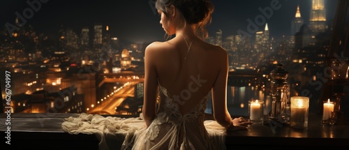 Elegant woman in gown overlooking city skyline at night, illuminated bridges, cityscape backdrop with lit candles.