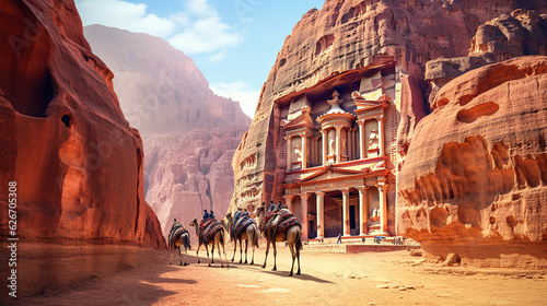 Petra in Jordan with camels in the foreground