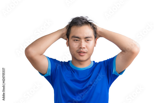 Young man touching his head and keeping eyes closed isolated on white background, suffering from severe headache or migraine pain while working, crisis, problem, and mistake, Feeling stressed