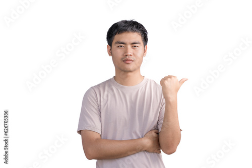 Young handsome man showing thumb down with negative expression over isolated white background