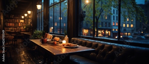 Intimate urban cafe interior during a rainy night, featuring a wooden table set with pastries and a hot drink.

