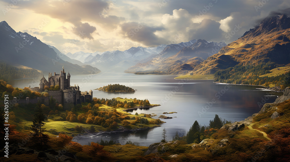 Scottish Highlands with a loch and a castle