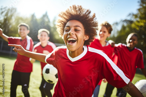 Teenage boys playing soccer, celebrating victory, teamwork, sports, competition, achievement, friendship and cheering