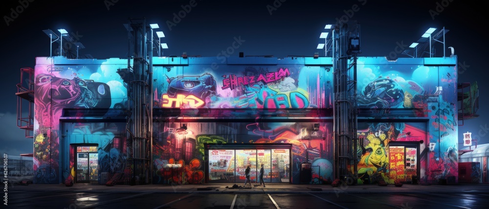 Nighttime view of a colorful graffiti-clad urban building illuminated with neon lights, showcasing artistic expressions in a metropolitan setting.

