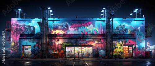 Nighttime view of a colorful graffiti-clad urban building illuminated with neon lights, showcasing artistic expressions in a metropolitan setting.