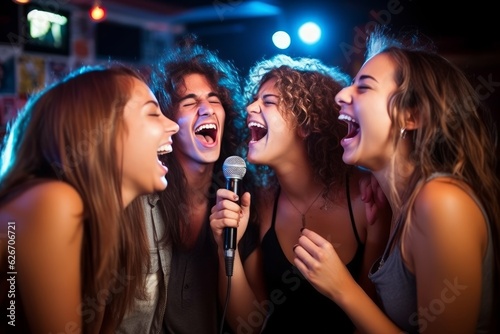 a group of diverse young friends singing at a karaoke party in a night club, laughing and having fun together. Generative AI