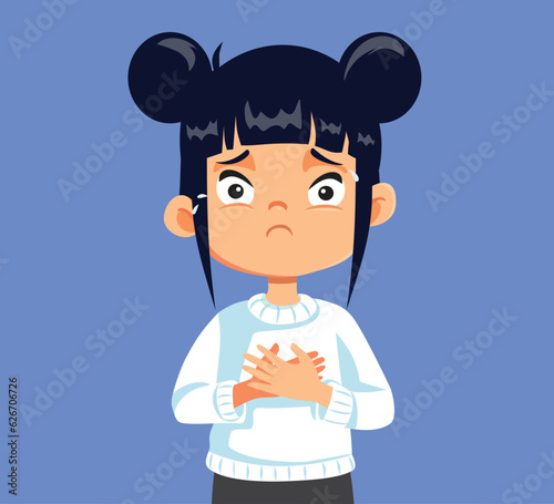 Sad Girl Having Chest Pains Vector Medical Cartoon Illustration. Little child complaining about heart problems at a young age 

