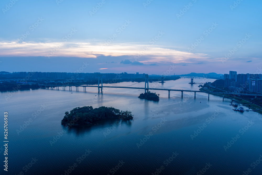 Aerial photography of night scenes near the Sanchaji Bridge in Changsha