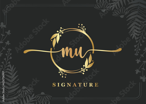 luxury gold signature initial mu logo design isolated leaf and flower