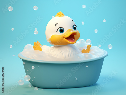 A Cute 3D Duck Taking a Bath in a Bathtub against a Solid Color Background | Generative AI