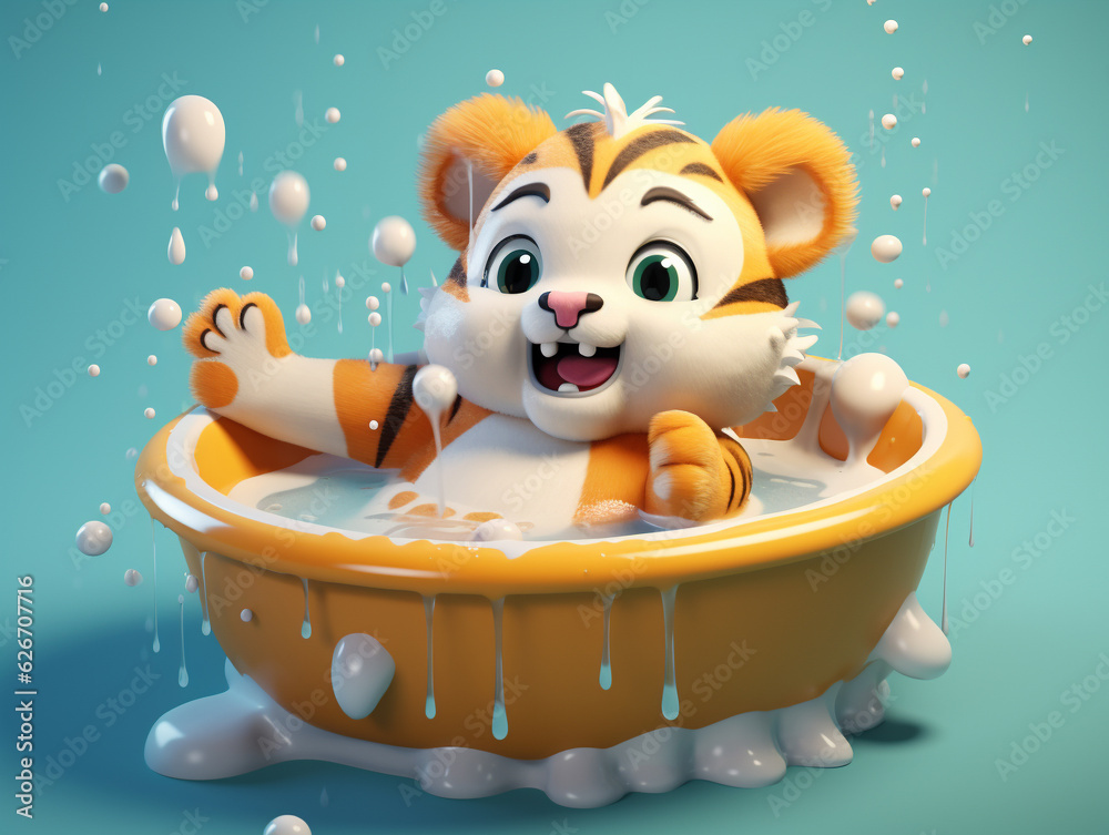 A Cute 3D Tiger Taking a Bath in a Bathtub against a Solid Color Background | Generative AI A Cute 3D Tiger Taking a Bath in a Bathtub against a Solid Color Background | Generative AI