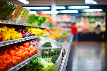 Fruits and vegetables in the refrigerated shelf of a supermarket