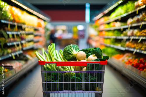 Shopper's perspective, POV, down a brightly lit grocery store aisle, with a shopping cart, fresh produce and packaged goods on display aisles