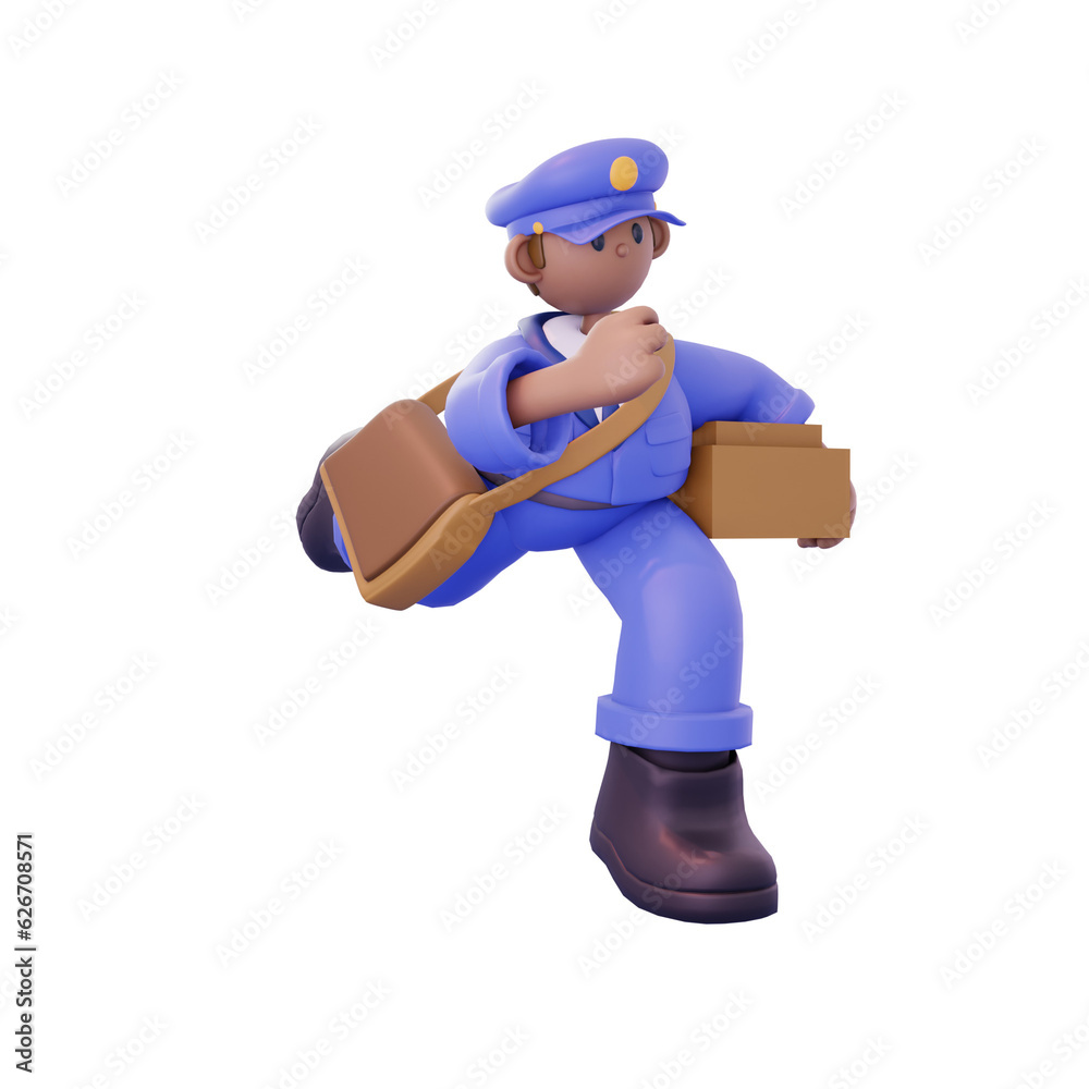 Male postal couriers run carrying parcels from the right Male postal couriers run carrying parcels from the right