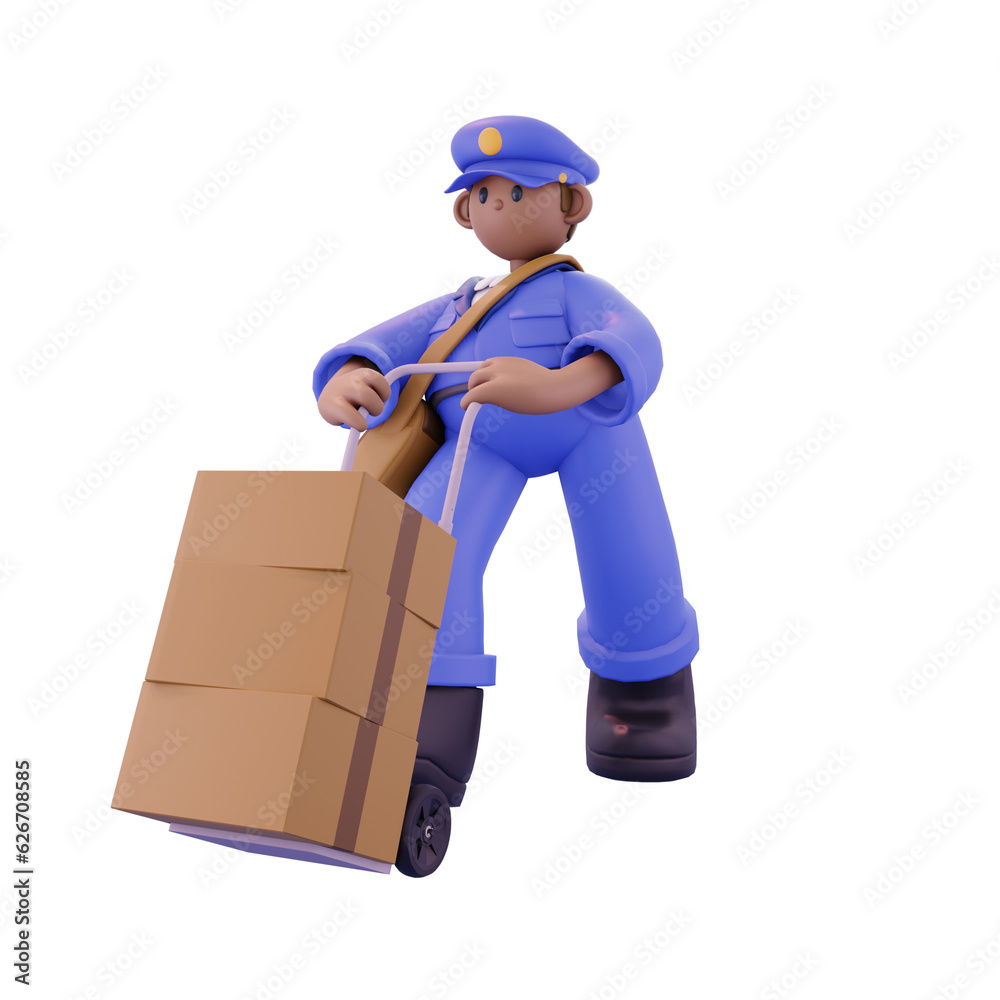 male postal courier pushing a parcel box poses from the right male postal courier pushing a parcel box poses from the right