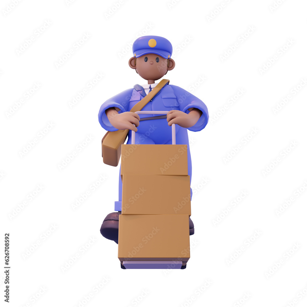 male postal courier pushing a parcel box poses from the middle male postal courier pushing a parcel box poses from the middle