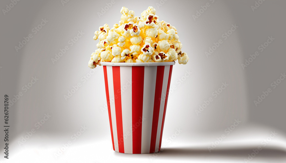 Popcorn viewed float Paper cup with popcorn on white isolated