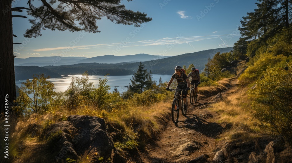 Friends have fun doing a mountain bike tour - catching a moment of endearment