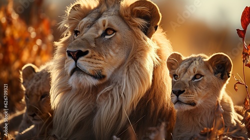3 lions, profile view, savanna, generative AI photo