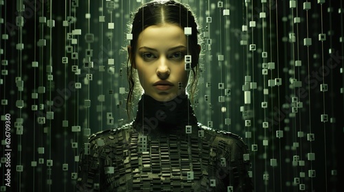 Obraz na płótnie Sci - fi dot matrix style red, woman, barcode art, generative AI