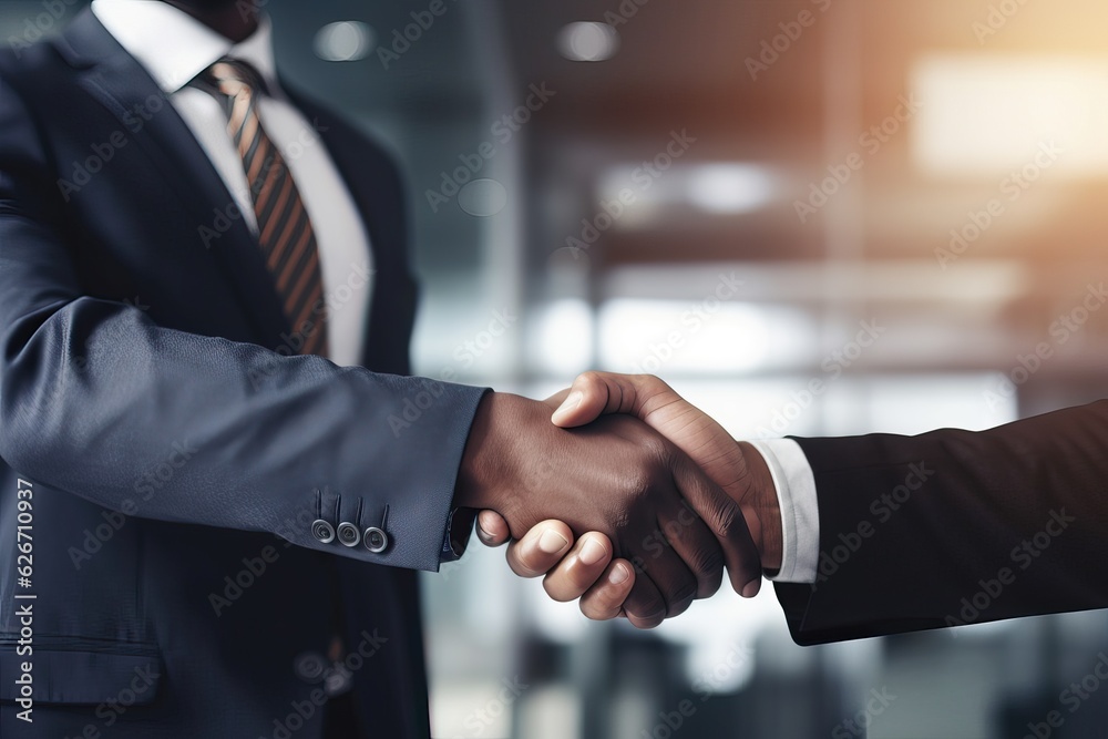 Two businessman finalizing a deal in the office by doing a handshake