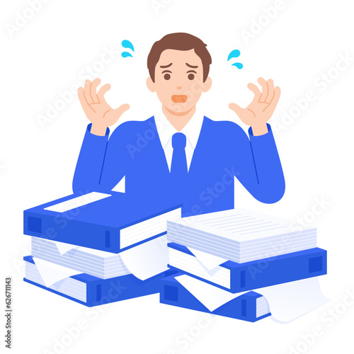 山積みの書類やファイルを前にパニック。探し物が見つからないと焦る男性のベクターイラスト素材。