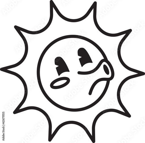 Cute Retro Sun Character Whistling Vector Outline Illustration