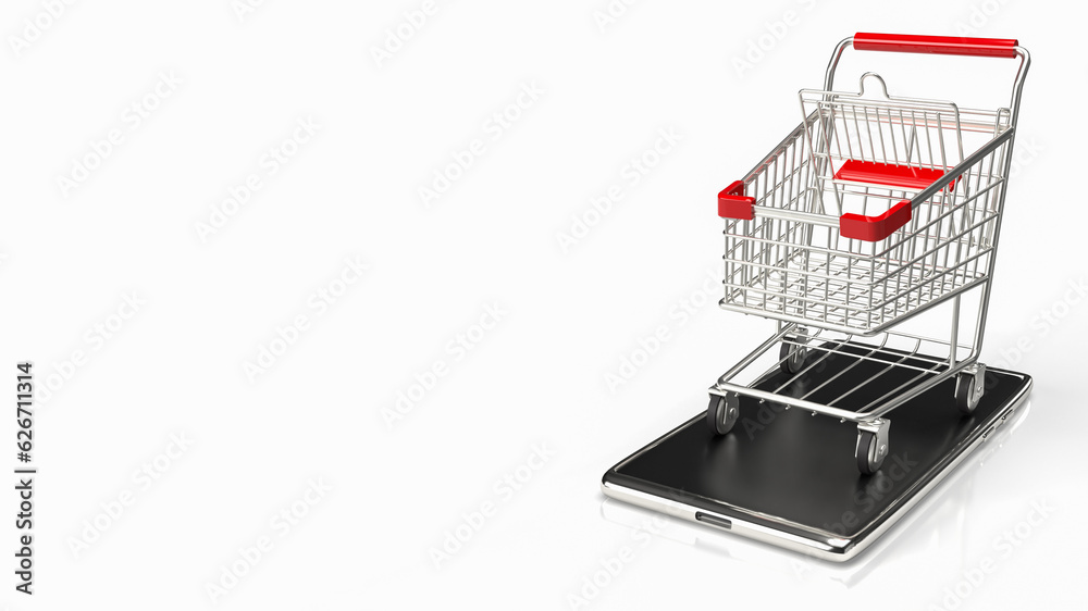The shopping trolley on mobile for e shopping and shopping online concept 3d rendering.