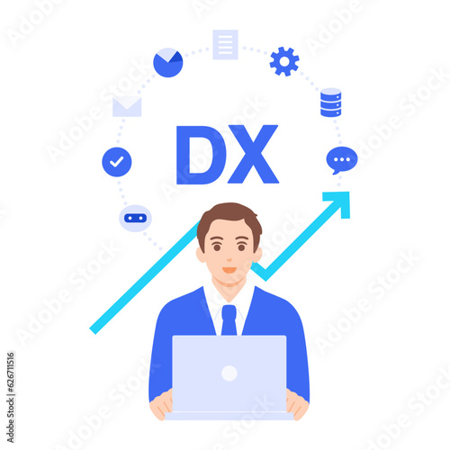 デジタル技術を用いてDXを導入。業務の効率化が実現したイメージ図。ベクターイラスト素材。