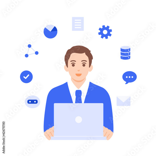 DX化が実現し快適に仕事をするビジネスマンのベクターラスト素材。
