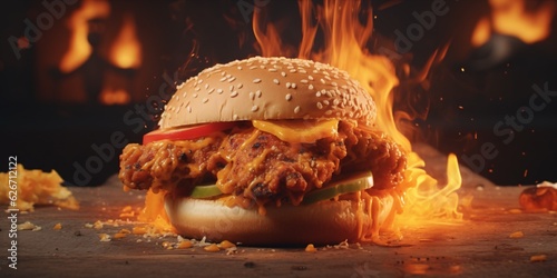 Delicious chicken burger with fire in the background. Created with Generative AI technology