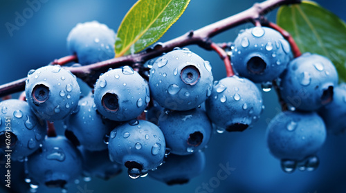 Blueberries on a branch, adorned with shimmering water drops - Generative AI.