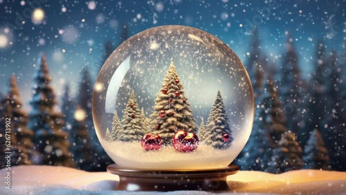 Snowy landscape inside decorative snowglobe. Concept of festive winter.