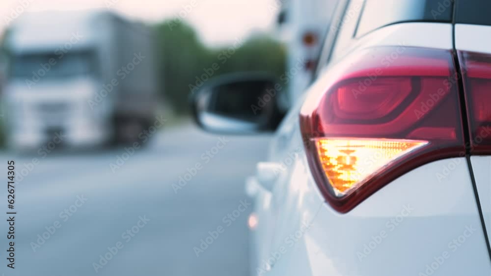 Close-Up Shot of White Car With Flashing Side Signal, White Car Is Stop With Warning Signal. Detail Shot of Blinking Warning Light