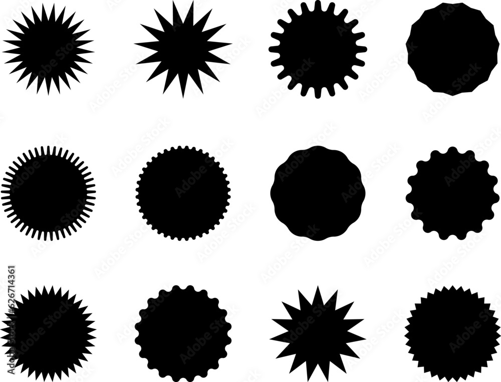 Set of vector starburst, sunburst badges. Black icons in Simple flat style vintage stickers, labels Set of vector starburst, sunburst badges. Black icons in Simple flat style vintage stickers, labels