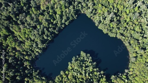 Dron view of real heart shape lagoon in Chile. Laguna coraszon in region Los Lagos Chile