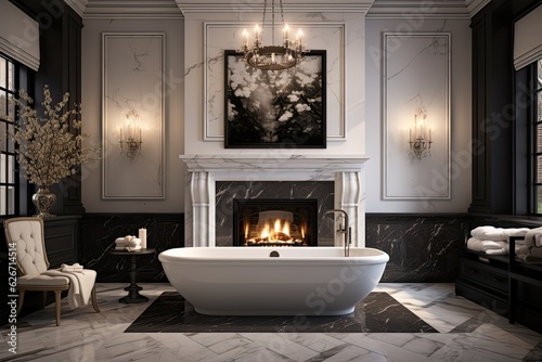 New luxurious home features a stylish bathroom adorned with a fireplace and a bathtub. photo