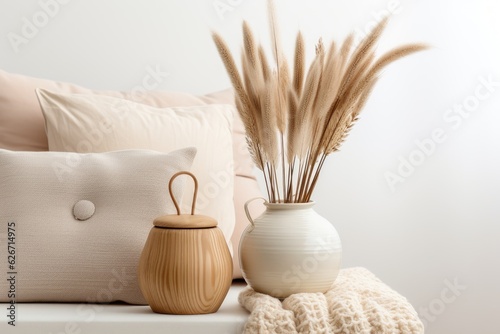 The aesthetic minimal hygge interior design concept features a stunning tan vase filled with rabbit tail grass, a wooden storage box, a neutral beige blanket arranged against a white wall.