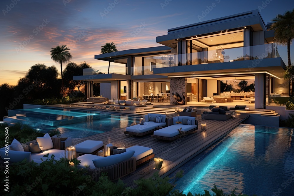 Stunning upscale residence featuring a pool, set amidst a picturesque sunset backdrop.