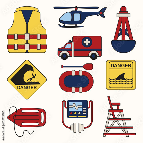 Set of Lifeguard Equipment Simple Flat Line Illustration