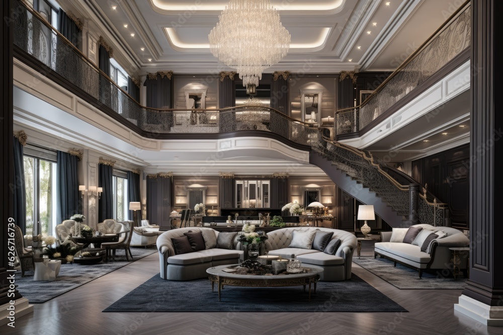 Stunning and extravagant interior of a luxurious home, featuring a spacious layout that seamlessly connects the kitchen, dining area, living room, and entryway, complete with an elegant staircase.