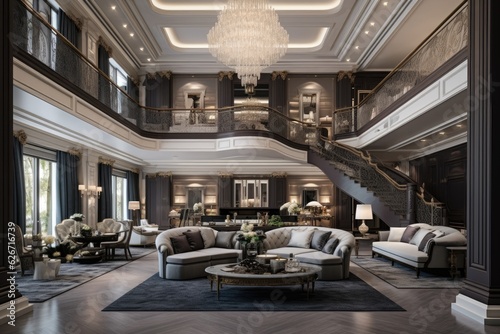 Stunning and extravagant interior of a luxurious home  featuring a spacious layout that seamlessly connects the kitchen  dining area  living room  and entryway  complete with an elegant staircase.