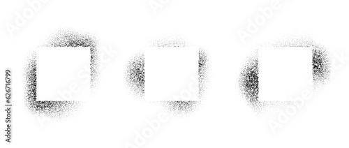Square frames collection with spray stencil effect. Grunge dotted rectangle border shadow set. Faded noise texture shape bundle. Splattered elements for text box, banner, poster, template. Vector