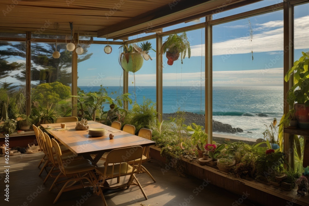 Oceanic outlook observed from a vintage 1970s beachfront residence dining area.