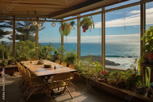 Oceanic outlook observed from a vintage 1970s beachfront residence dining area. photo